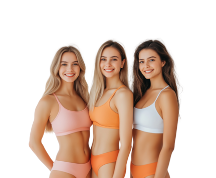 Three women smiling in colorful swimwear, standing together against a white background, embodying friendship and confidence. isolated PNG background.