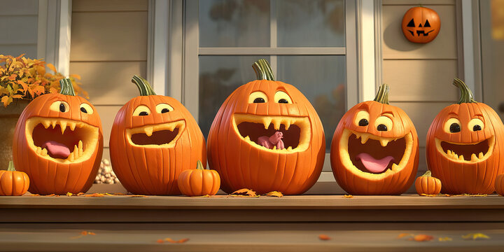 Carved Jack-o'-Lantern Smiles: A family showcasing their creative pumpkin carvings on the porch, each with unique expressions and colors.