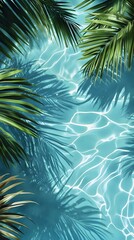 Light blue water background with palm leaves and ripples, swimming pool water, light aquamarine, tropical beach