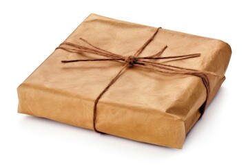 Crumpled kraft paper package gift box white background.