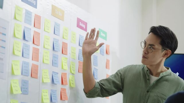 brainstorming session, using sticky notes on a task board (kanban) to organize ideas and workflow in a modern office