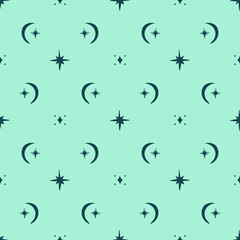 Teal seamless pattern with celestial motifs. Stars and moons background. Monochrome boho wallpaper.