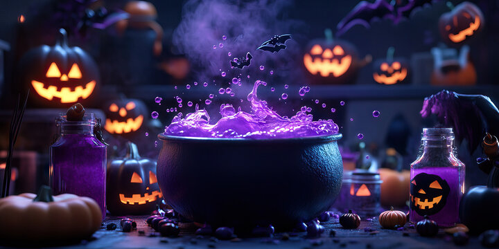 Purple and Black Witch's Brew: A cauldron bubbling over with purple and black potions, surrounded by Halloween-themed props.