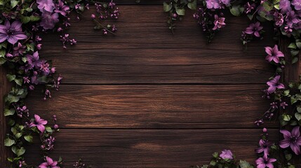 Fototapeta premium Purple Flowers with Green Leaves on Dark Brown Wood Background.