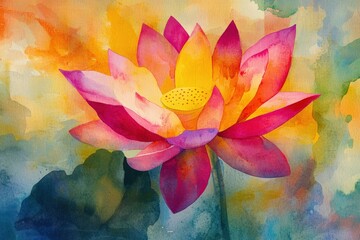 An abstract watercolor lotus, with bold, sweeping brushstrokes of bright colors, the petals bleeding into the background in an expressive and artistic style