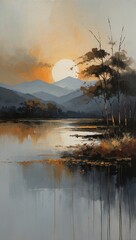 Fototapeta premium Split landscape painting with sunset on the left and abstract on right