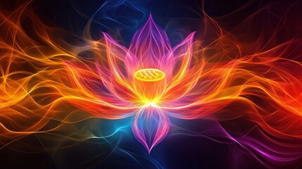 An abstract lotus design with flowing energy lines in vibrant colors, representing spiritual healing, with the flower radiating light and warmth, blending modern and spiritual aesthetics