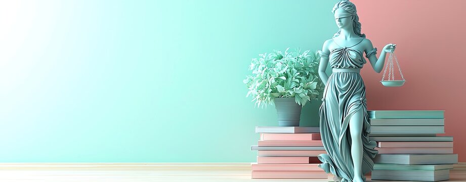 AI digital E-commerce Creative background pastel Lady Justice statue with books and plant