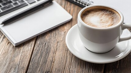 Office desk setup, close-up of laptop, coffee cup.