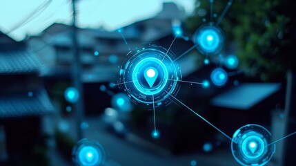 Obraz premium Digital location pins over a modern street, blurred background, technology concept.