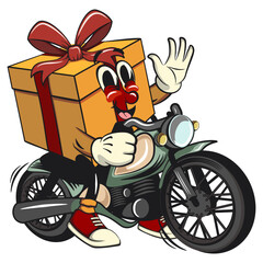 cartoon gift box gold with a red ribbon isolated vector illustration riding a big motorcycle, he concept of birthday, Christmas, new year, work of hand drawn