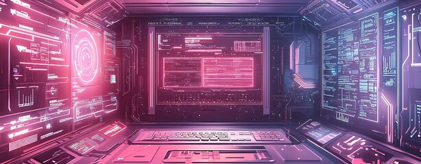 Obraz premium AI digital E-commerce Creative background pastel Futuristic control room, neon interface.