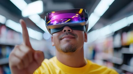 Person wearing augmented reality headset in a futuristic store environment