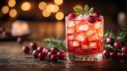 Refreshing cranberry cocktail with ice and mint garnished with cranberries on a rustic wooden table.
