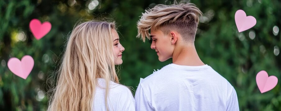 A young couple exchanging love letters, with paper hearts fluttering around them to represent the timeless act of expressing love.
