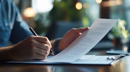 Professional development, close-up of hands holding a resume, job interview in progress