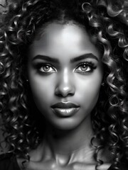 portrait of a black woman, model appearance with voluminous hairstyle, black and white photography, isolated on a white background