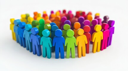 Colorful group of diverse figures standing in a circle, symbolizing unity, teamwork, and collaboration on a white background.