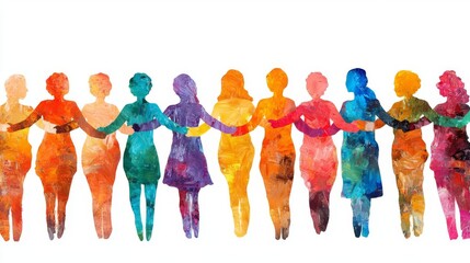 Colorful watercolor silhouettes of diverse women standing in a line holding hands, symbolizing unity, support, and togetherness.