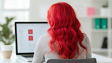 A young woman with vibrant red hair sitting at her desk, smiling while participating in a virtual team meeting on her laptop.