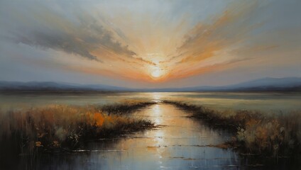 Serene landscape with body of water reflecting warm sunset glow