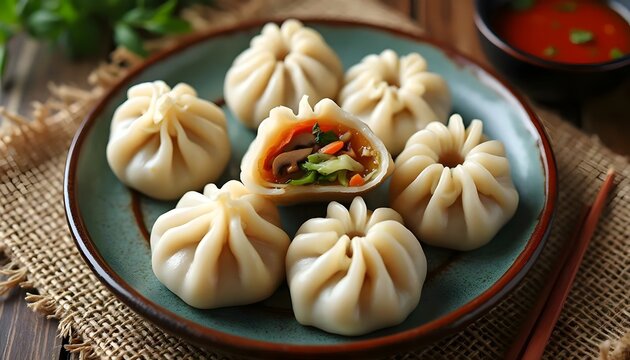 Traditional Mongolian Buuz with Vegetable Filling on Plate (Mongolian Cuisine)