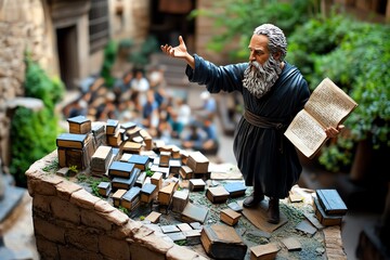 A stoic philosopher teaching students in an ancient courtyard, with scrolls and books open, discussing virtue, wisdom, and how to live in accordance with nature