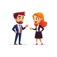 A cartoon couple in a business attire engaging in a discussion, showing contrasting expressions of disagreement and assertiveness.