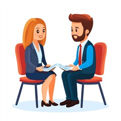 Obraz premium A professional setting with a man and woman seated, discussing documents in an engaged manner.