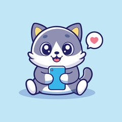 Cute Cat Playing Hand phone Cartoon Vector Icon Illustration. 