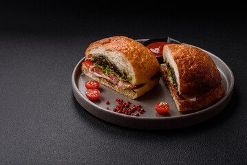 Ciabata with jamon or prosciutto, tomatoes, cheese and lettuce