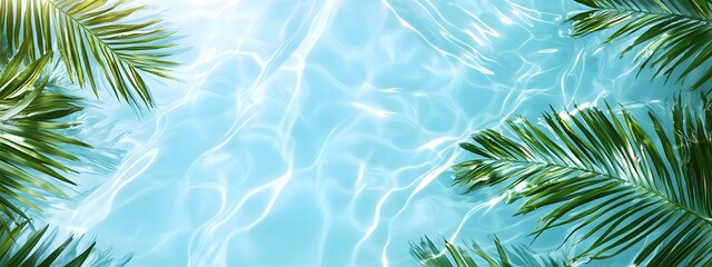 Light blue water background with palm leaves and ripples, swimming pool water, light aquamarine, tropical beach