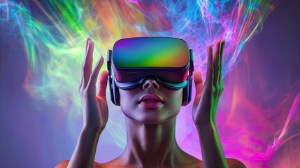 Virtual reality headset, close-up of hands holding a VR headset, vibrant background