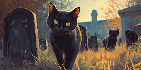 Spooky Black Cats roaming around a haunted Halloween graveyard.