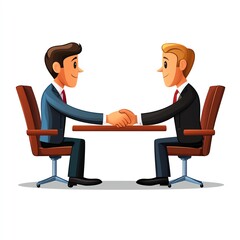 Fototapeta premium Two businessmen shake hands at a table, symbolizing negotiation and partnership in a corporate environment.
