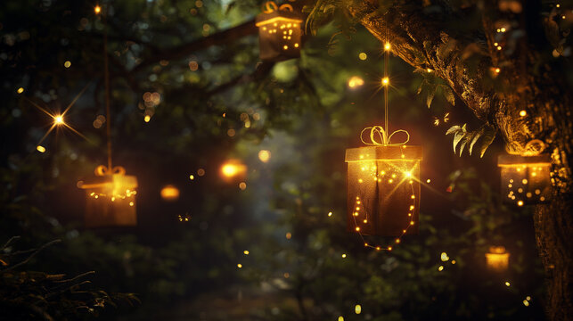 Small gift boxes hanging from tree branches in an enchanted forest, glowing softly. Fireflies float around, adding a magical touch to the dark, mysterious night scene. 