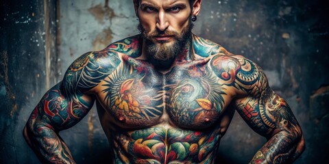 Shirtless man with tattoos showcasing body art in a striking pose against a neutral background