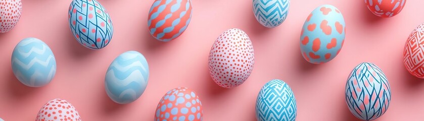 A vibrant display of colorful Easter eggs on a soft pink background, showcasing unique patterns and designs for spring celebration.