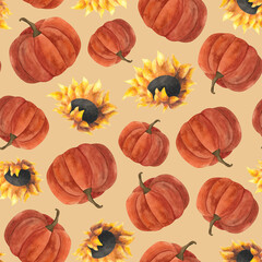 Fototapeta premium Watercolor pumpkin and sunflower seamless pattern Autumn 2024 Harvest festival decoration Thanksgiving design Halloween Wrapping wallpaper textile print Beige background Ripe gourd Squash vegetable
