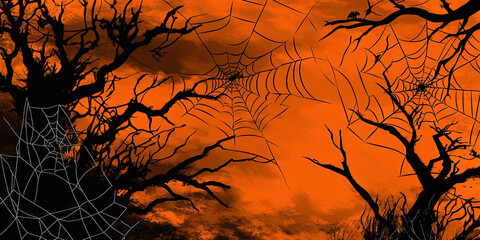 A Black and Orange Halloween Backdrop with a creepy spiderweb design.