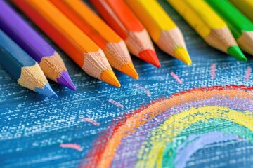 A rainbow is drawn on a blue background with a row of colored pencils on top of , generative ai image