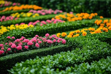 A Colorful Garden with Pink, Yellow, and Orange Flowers