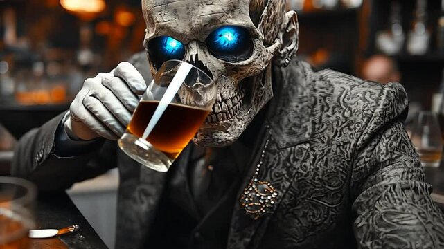 skeleton bartender with blue eyes pouring shots in nightclub bar. black and white.