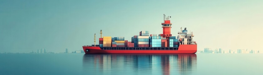 A vibrant cargo ship anchored in calm waters, showcasing colorful containers against a serene seascape.