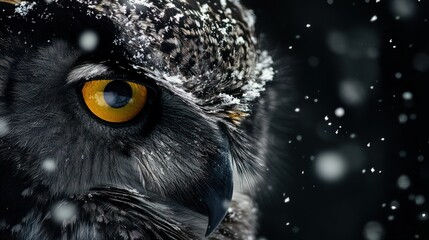 majestic of owl's face with yellow eyes and snowflakes on background