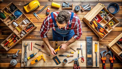Skilled handyman working on home repair tasks with tools and materials in a well-equipped workshop
