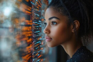 african american woman programmer focused on her computer screen filled with lines of code conveying a sense of concentration and professionalism in a tech environment