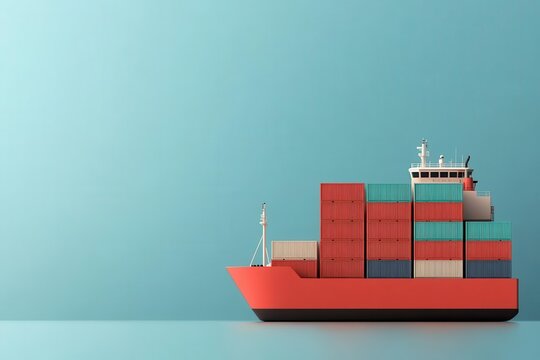 A vibrant cargo ship loaded with colorful containers against a minimalist background, symbolizing global trade and logistics.