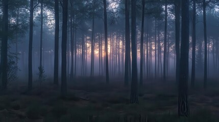 Fototapeta premium A misty forest at dawn, with tall trees silhouetted against a soft, glowing sunrise.