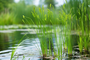 Obraz premium A bunch of green grass is floating on the water, generative ai image